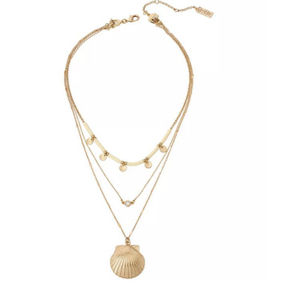 Jessica Simpson Multi-Layer Necklace Seashell Pendant Gold Tone Rhinestone - Picture 1 of 12